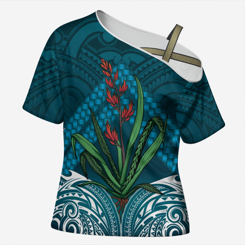 Rongoa Maori New Zealand Harakeke Cross Shoulder Shirt NZ Weaving Pattern Dark Teal LT14 Female Dark Teal - Polynesian Pride