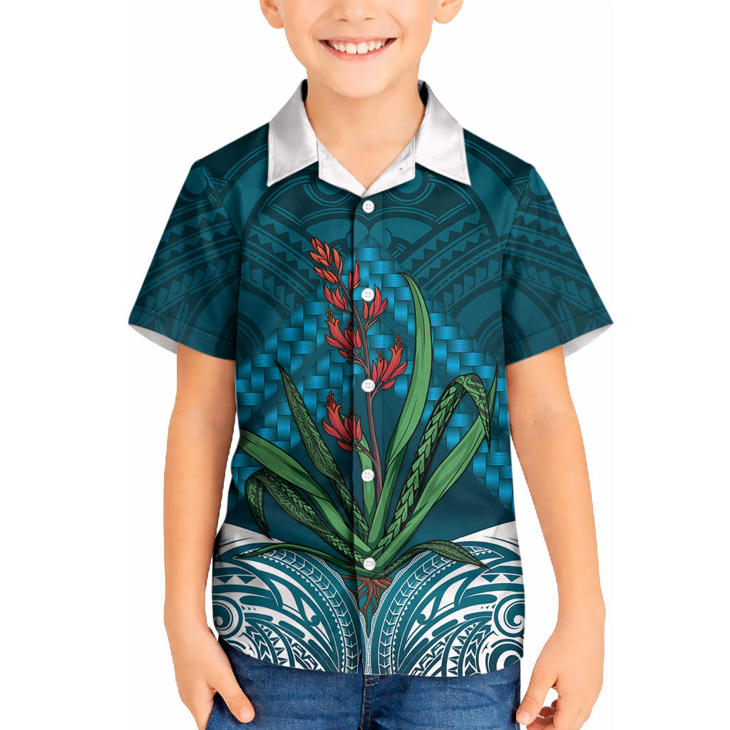 Rongoa Maori New Zealand Harakeke Kid Hawaiian Shirt NZ Weaving Pattern Dark Teal LT14 Kid Dark Teal - Polynesian Pride