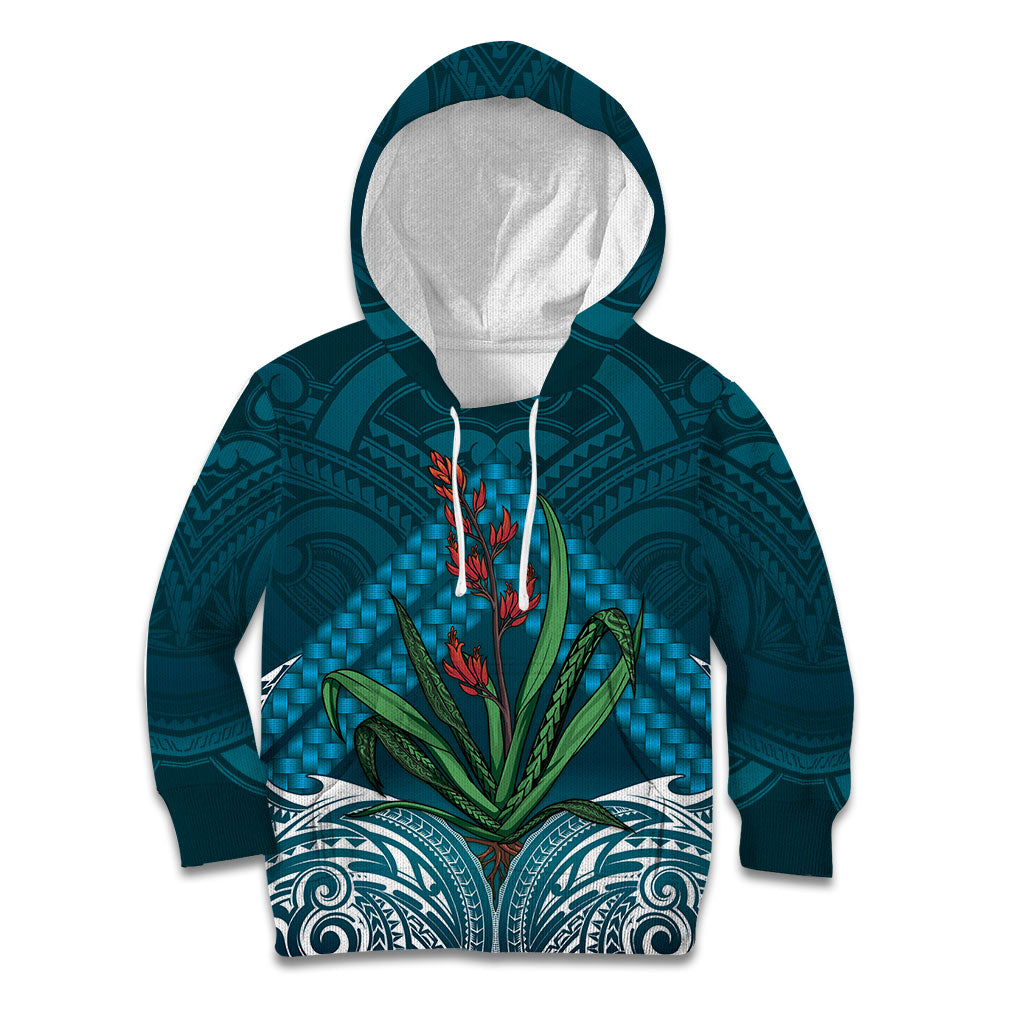 Rongoa Maori New Zealand Harakeke Kid Hoodie NZ Weaving Pattern Dark Teal LT14 Hoodie Dark Teal - Polynesian Pride