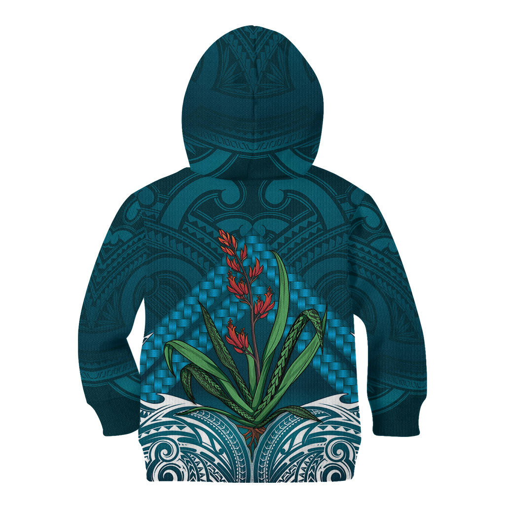 Rongoa Maori New Zealand Harakeke Kid Hoodie NZ Weaving Pattern Dark Teal LT14 - Polynesian Pride