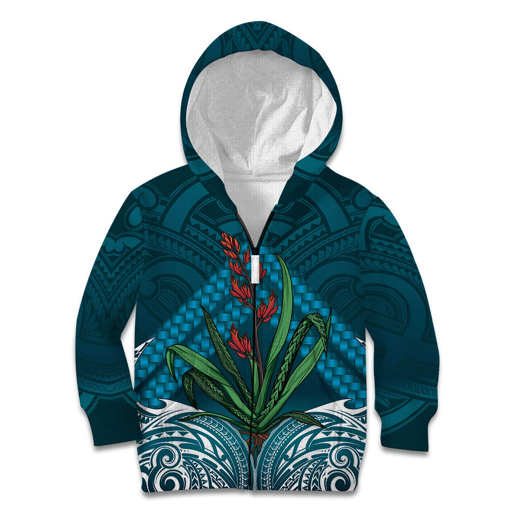Rongoa Maori New Zealand Harakeke Kid Hoodie NZ Weaving Pattern Dark Teal LT14 Zip Hoodie Dark Teal - Polynesian Pride