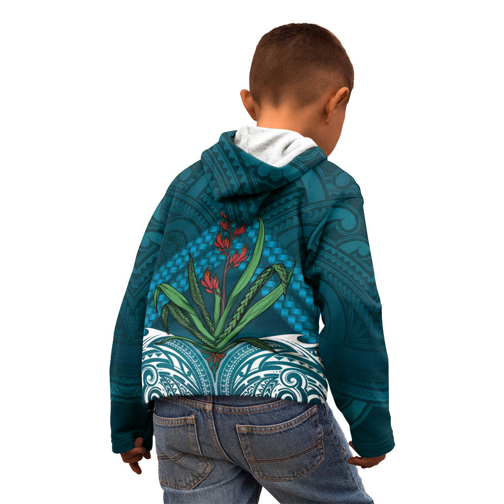 Rongoa Maori New Zealand Harakeke Kid Hoodie NZ Weaving Pattern Dark Teal LT14 - Polynesian Pride