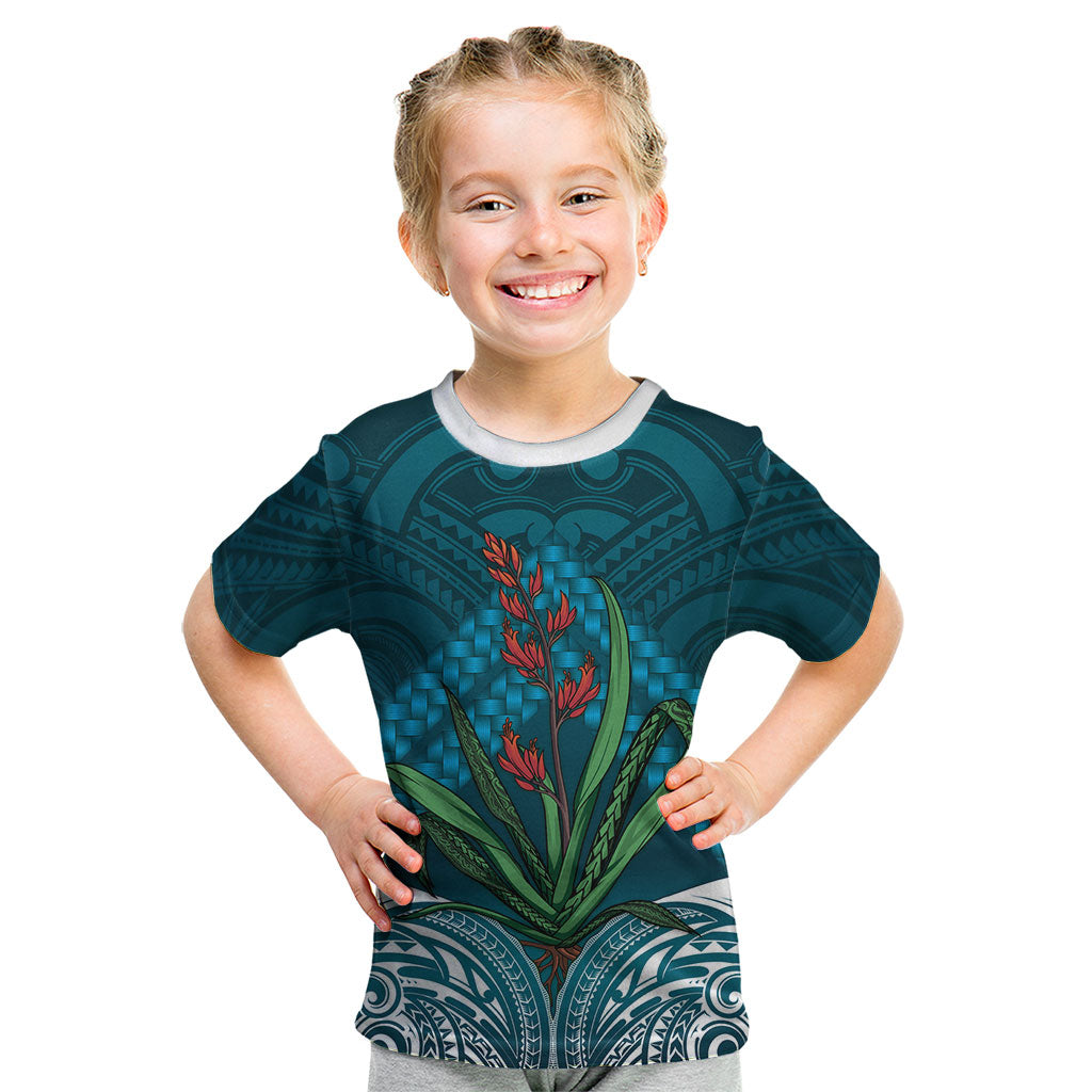 Rongoa Maori New Zealand Harakeke Kid T Shirt NZ Weaving Pattern Dark Teal LT14 Dark Teal - Polynesian Pride