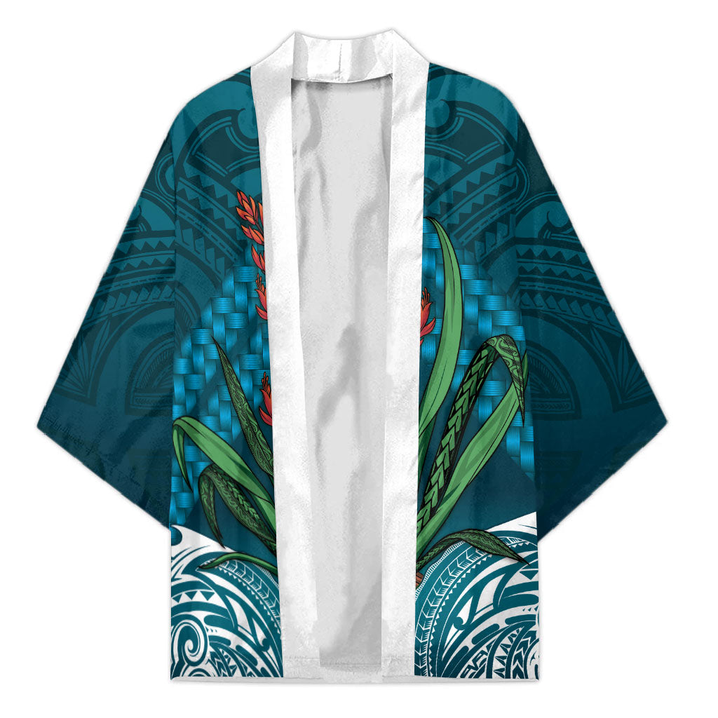 Rongoa Maori New Zealand Harakeke Kimono NZ Weaving Pattern Dark Teal LT14 Unisex Dark Teal - Polynesian Pride
