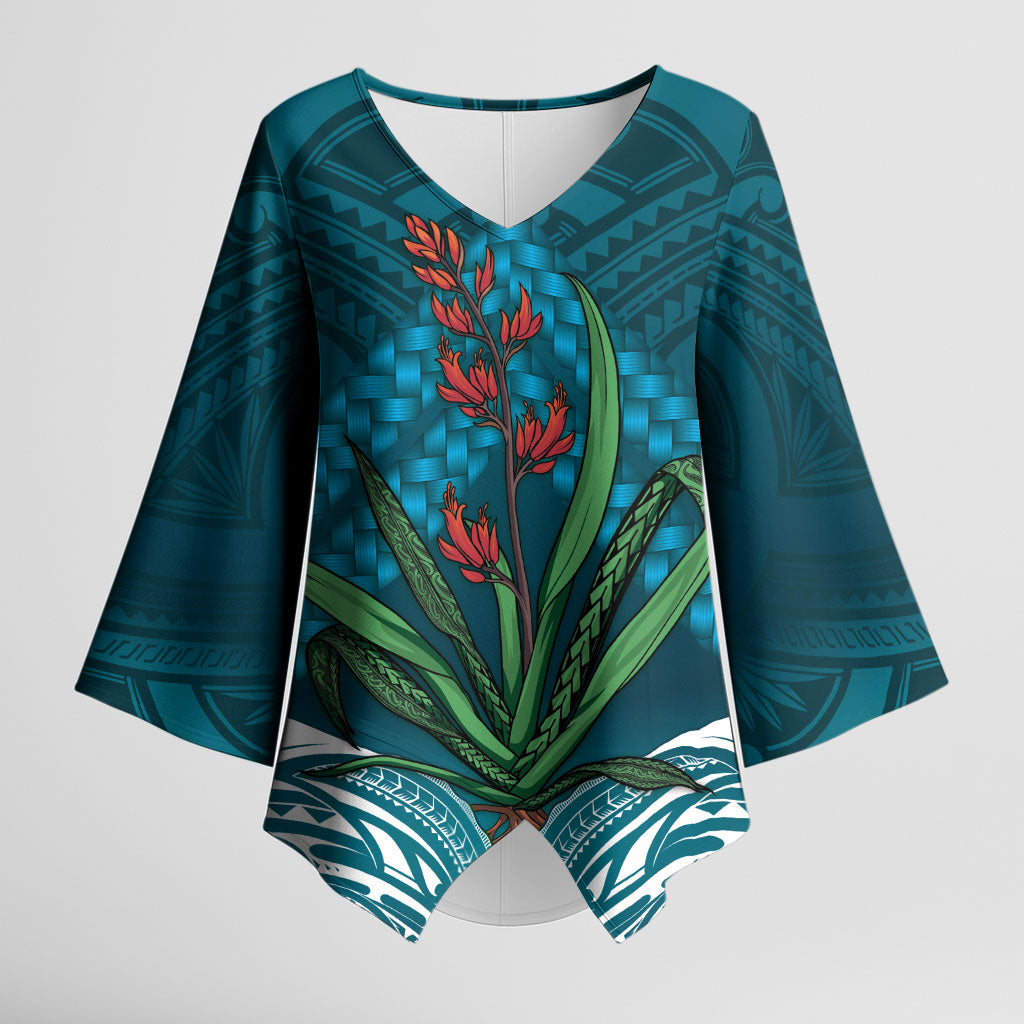 Rongoa Maori New Zealand Harakeke Kimono Sleeve Blouse NZ Weaving Pattern Dark Teal LT14 Female Dark Teal - Polynesian Pride