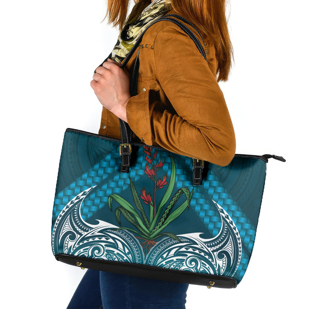 Rongoa Maori New Zealand Harakeke Leather Tote Bag NZ Weaving Pattern Dark Teal LT14 Dark Teal - Polynesian Pride