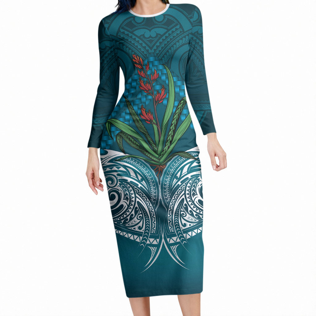 Rongoa Maori New Zealand Harakeke Long Sleeve Bodycon Dress NZ Weaving Pattern Dark Teal LT14 Long Dress Dark Teal - Polynesian Pride