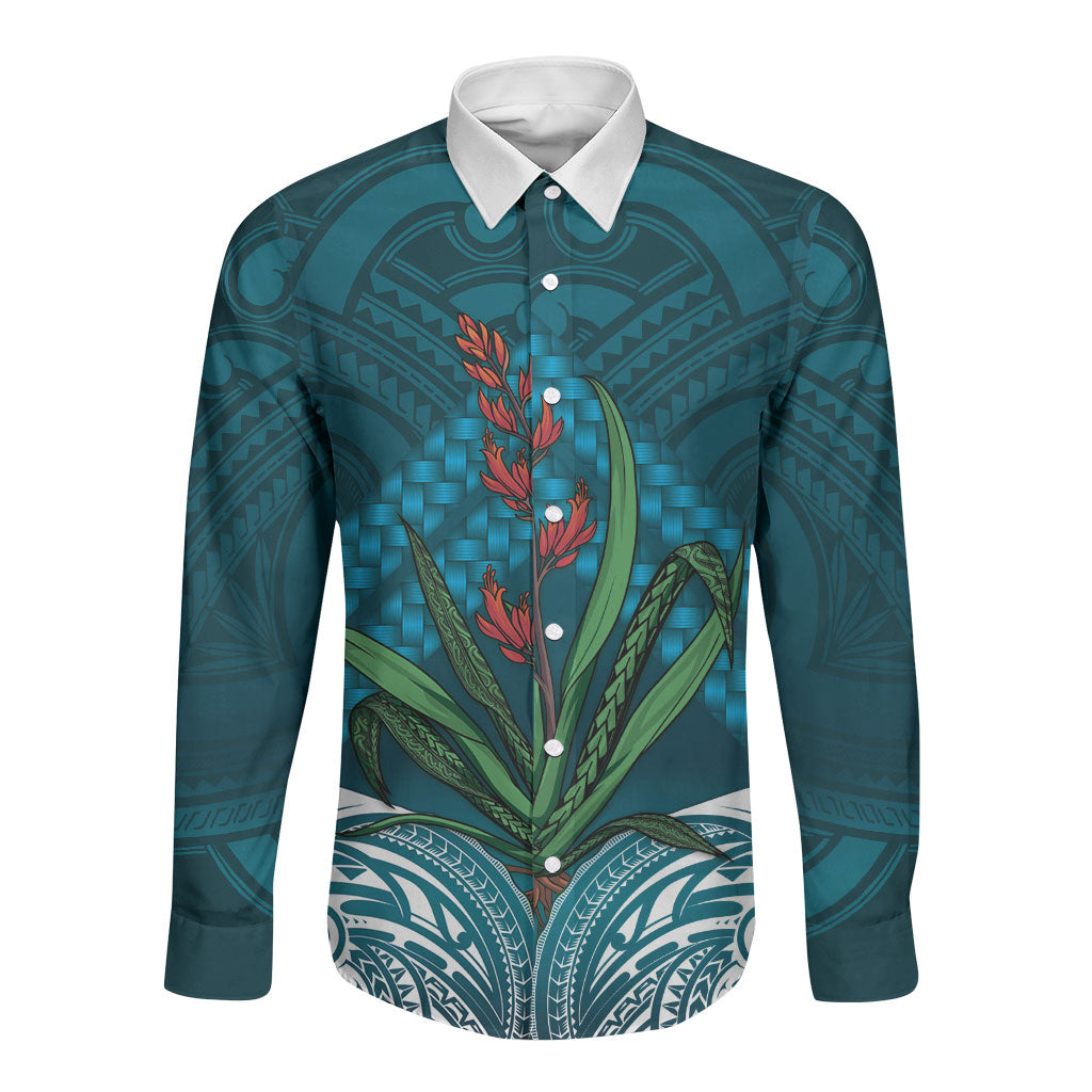 Rongoa Maori New Zealand Harakeke Long Sleeve Button Shirt NZ Weaving Pattern Dark Teal LT14 Unisex Dark Teal - Polynesian Pride