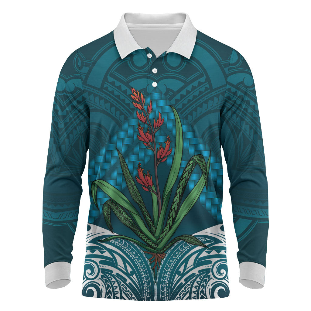 Rongoa Maori New Zealand Harakeke Long Sleeve Polo Shirt NZ Weaving Pattern Dark Teal LT14 Dark Teal - Polynesian Pride