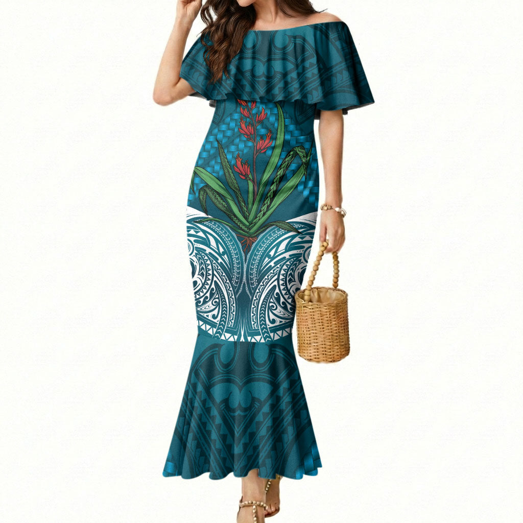 Rongoa Maori New Zealand Harakeke Mermaid Dress NZ Weaving Pattern Dark Teal LT14 Women Dark Teal - Polynesian Pride