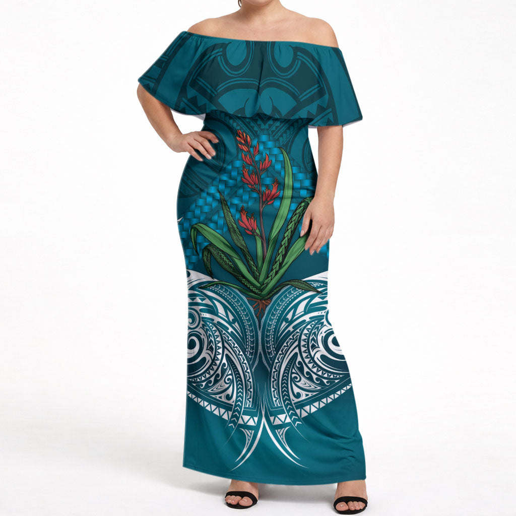 Rongoa Maori New Zealand Harakeke Off Shoulder Maxi Dress NZ Weaving Pattern Dark Teal LT14 Women Dark Teal - Polynesian Pride