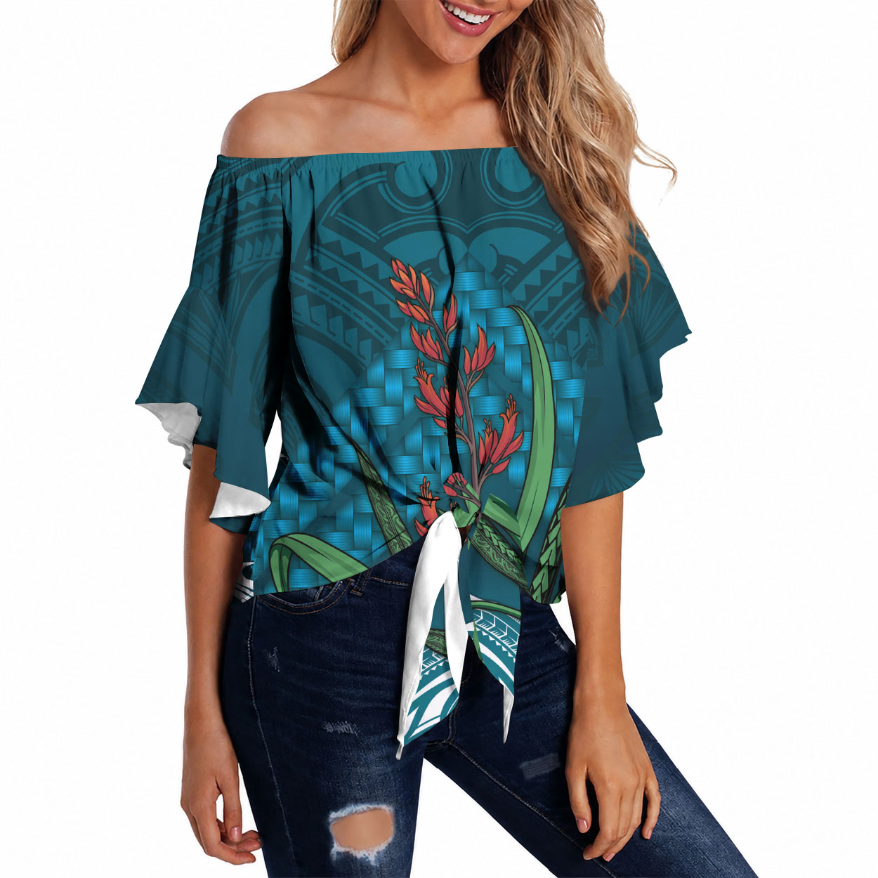 Rongoa Maori New Zealand Harakeke Off Shoulder Wrap Waist Top NZ Weaving Pattern Dark Teal LT14 Dark Teal - Polynesian Pride