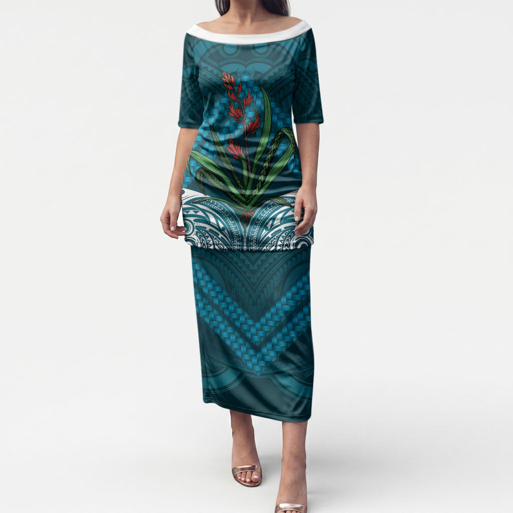 Rongoa Maori New Zealand Harakeke Puletasi NZ Weaving Pattern Dark Teal LT14 Long Dress Dark Teal - Polynesian Pride