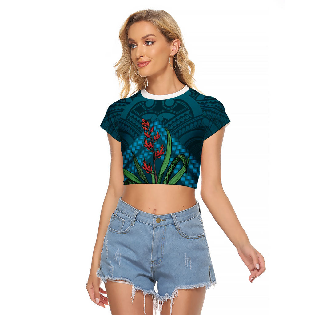 Rongoa Maori New Zealand Harakeke Raglan Cropped T Shirt NZ Weaving Pattern Dark Teal LT14 Female Dark Teal - Polynesian Pride