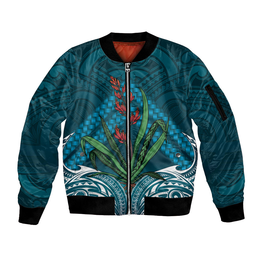 Rongoa Maori New Zealand Harakeke Sleeve Zip Bomber Jacket NZ Weaving Pattern Dark Teal LT14 Unisex Dark Teal - Polynesian Pride