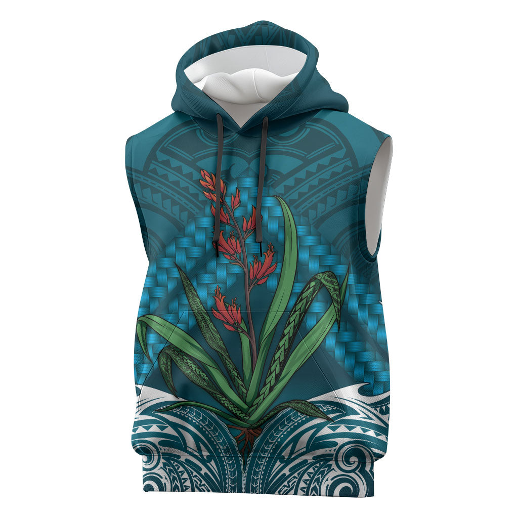 Rongoa Maori New Zealand Harakeke Sleeveless Hoodie NZ Weaving Pattern Dark Teal LT14 Dark Teal - Polynesian Pride