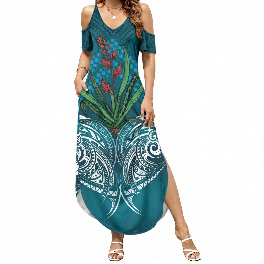 Rongoa Maori New Zealand Harakeke Summer Maxi Dress NZ Weaving Pattern Dark Teal LT14 Women Dark Teal - Polynesian Pride