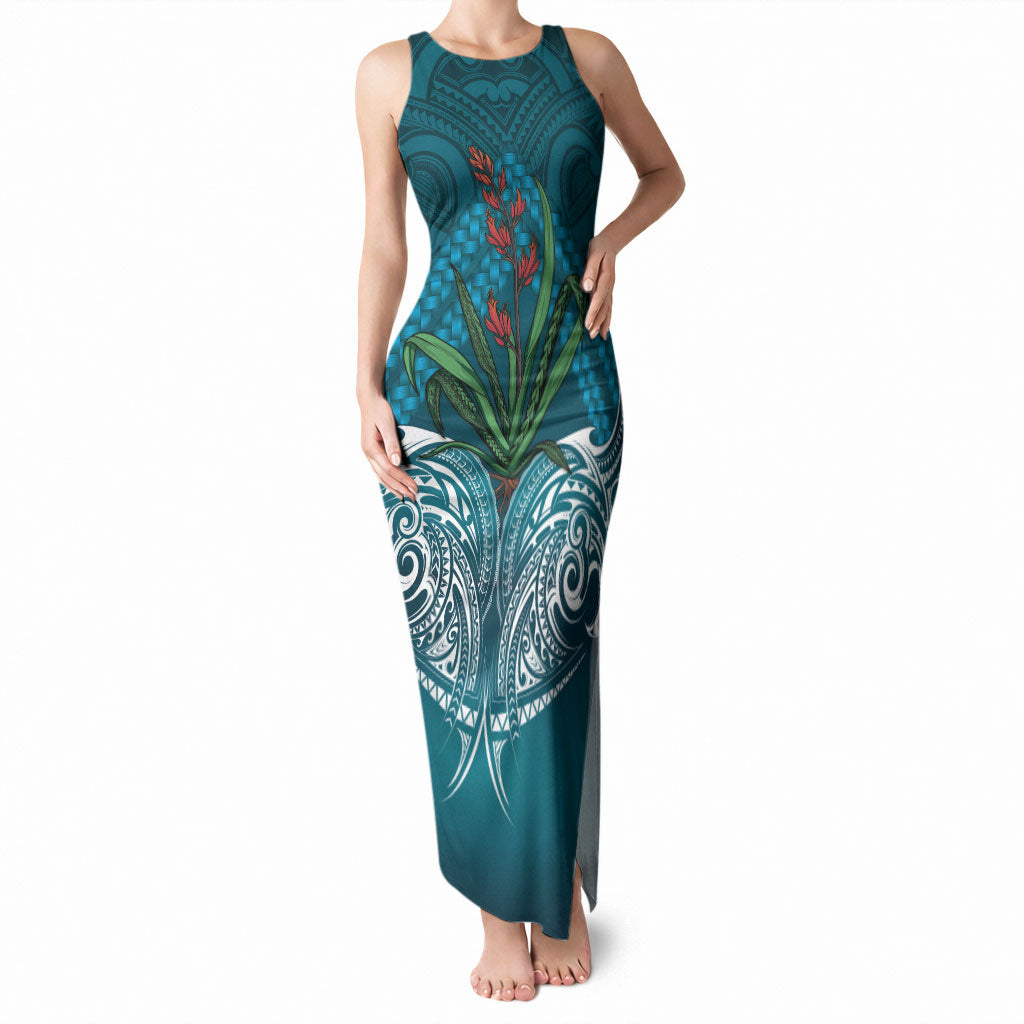 Rongoa Maori New Zealand Harakeke Tank Maxi Dress NZ Weaving Pattern Dark Teal LT14 Women Dark Teal - Polynesian Pride