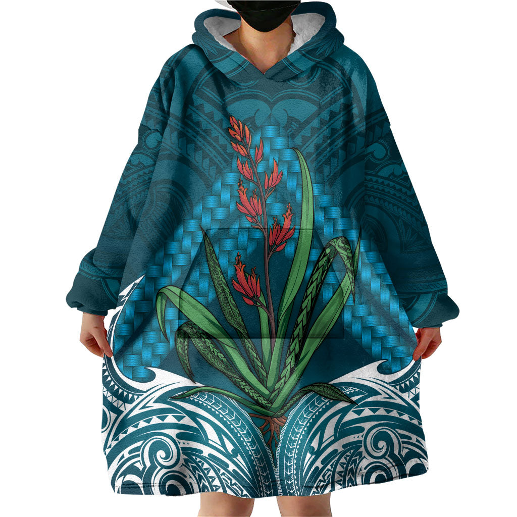 Rongoa Maori New Zealand Harakeke Wearable Blanket Hoodie NZ Weaving Pattern Dark Teal LT14 - Polynesian Pride