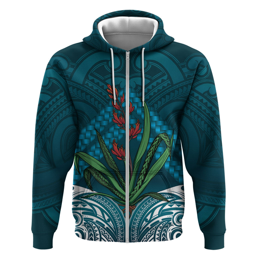 Rongoa Maori New Zealand Harakeke Zip Hoodie NZ Weaving Pattern Dark Teal LT14 Zip Hoodie Dark Teal - Polynesian Pride