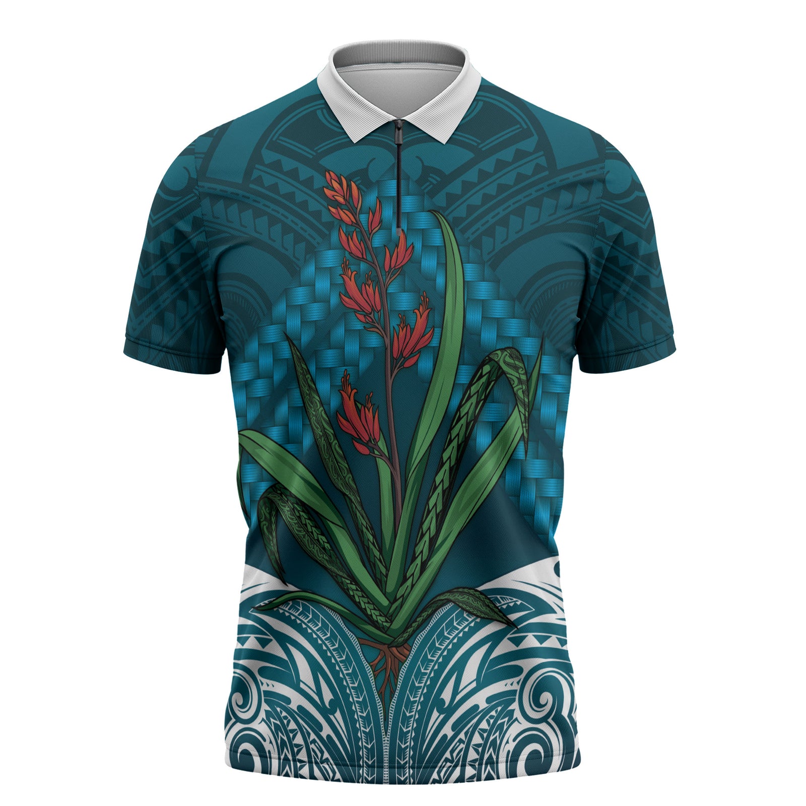 Rongoa Maori New Zealand Harakeke Zipper Polo Shirt NZ Weaving Pattern Dark Teal LT14 Dark Teal - Polynesian Pride