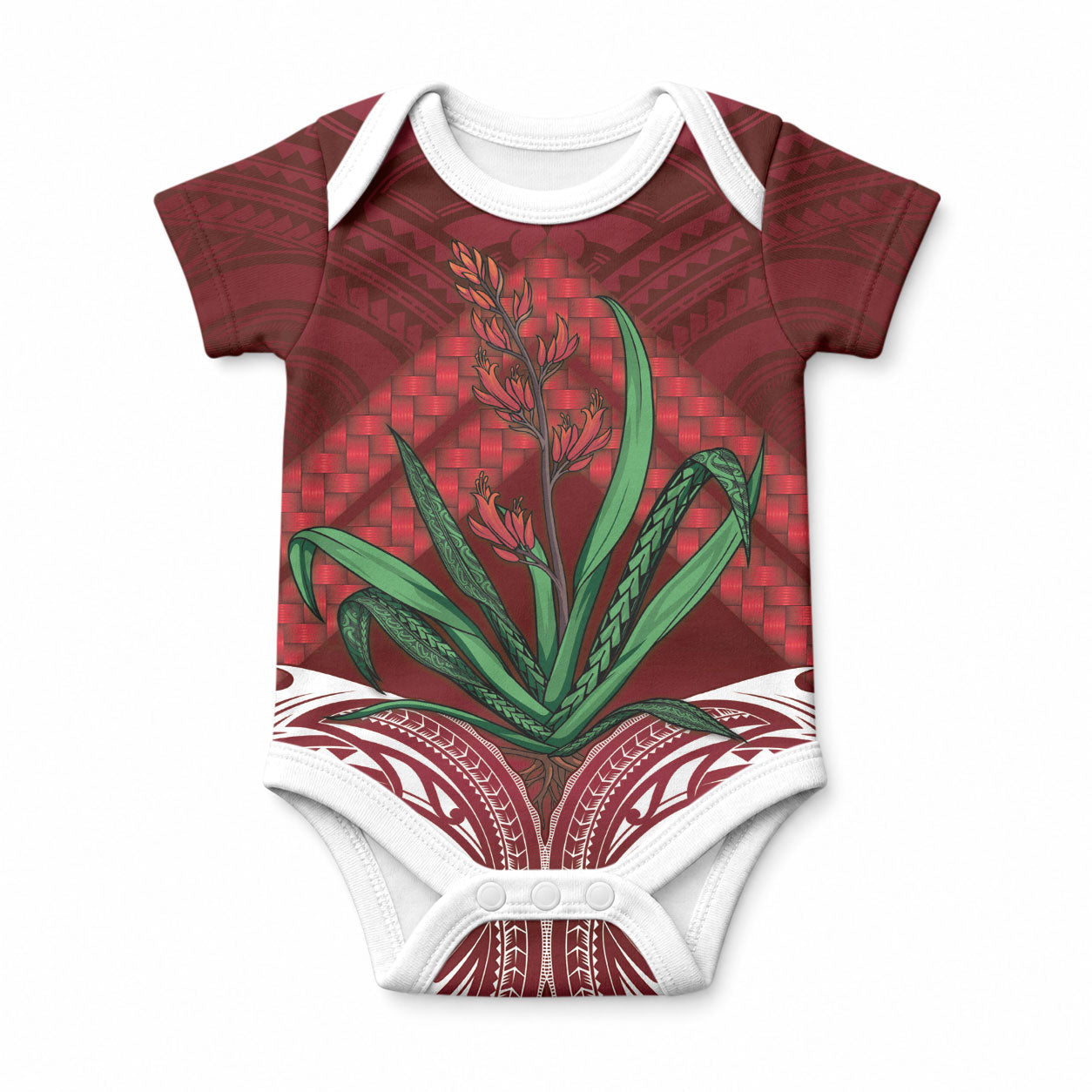 Rongoa Maori New Zealand Harakeke Baby Onesie NZ Weaving Pattern Red LT14 Red - Polynesian Pride