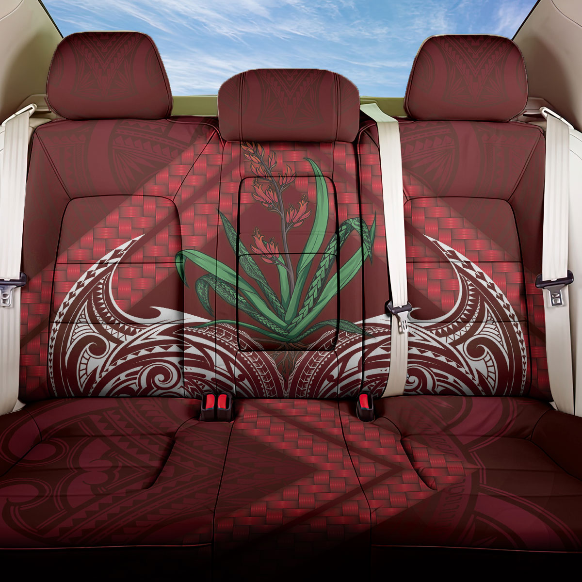 Rongoa Maori New Zealand Harakeke Back Car Seat Cover NZ Weaving Pattern Red LT14 One Size Red - Polynesian Pride
