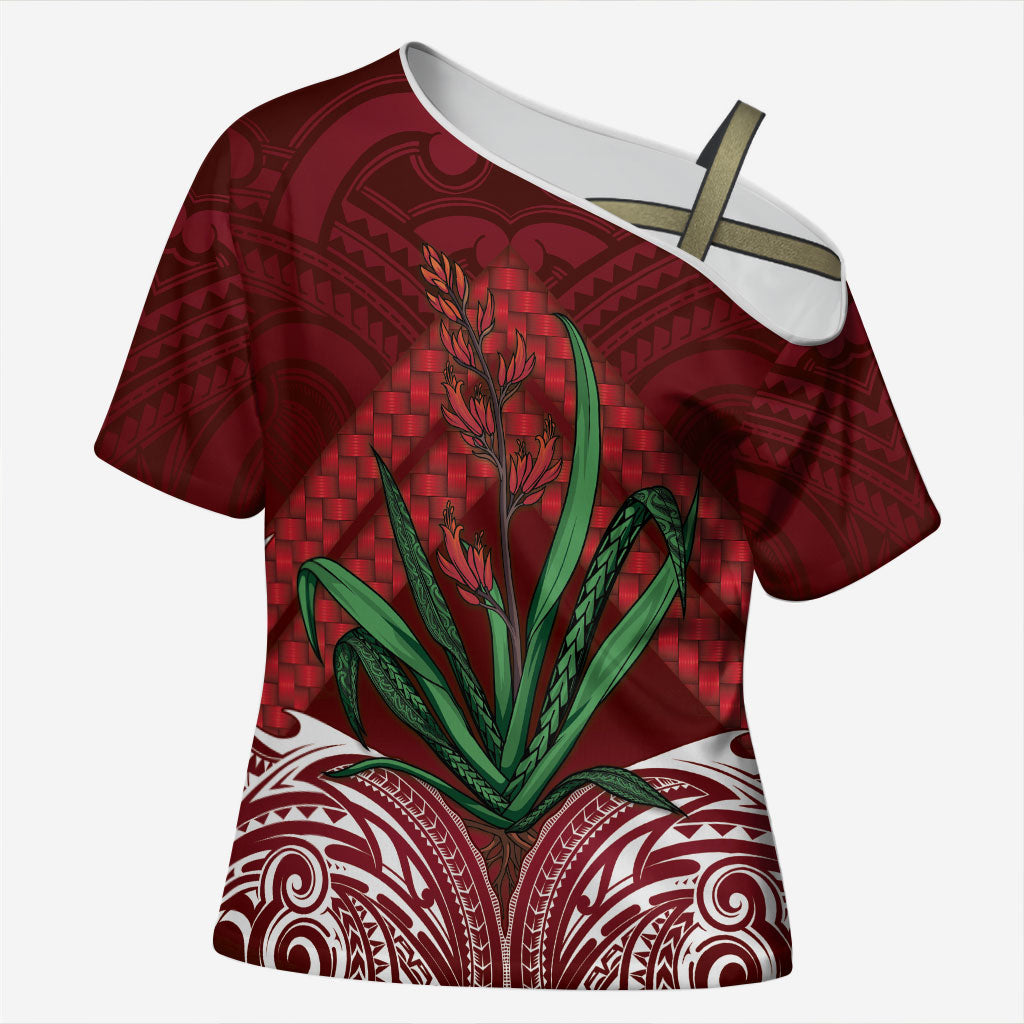 Rongoa Maori New Zealand Harakeke Cross Shoulder Shirt NZ Weaving Pattern Red LT14 Female Red - Polynesian Pride