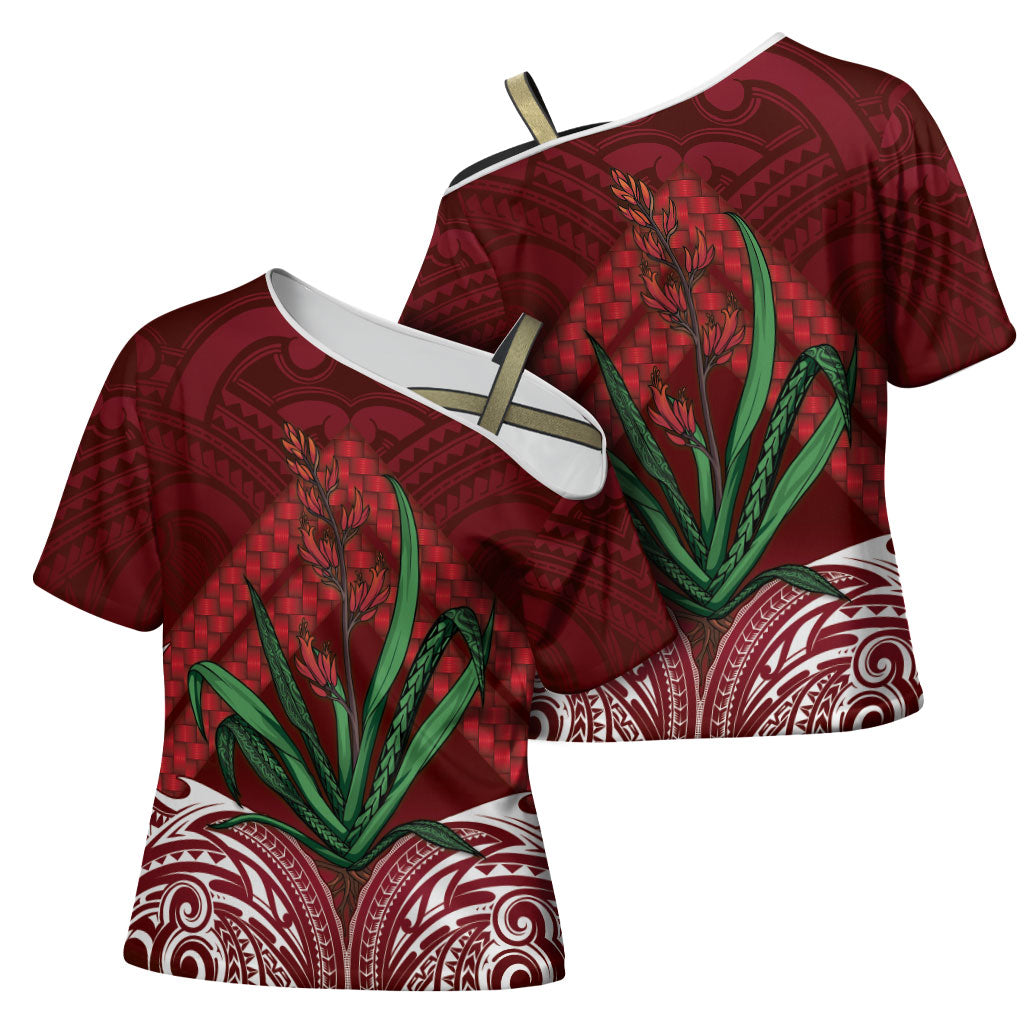 Rongoa Maori New Zealand Harakeke Cross Shoulder Shirt NZ Weaving Pattern Red LT14 - Polynesian Pride