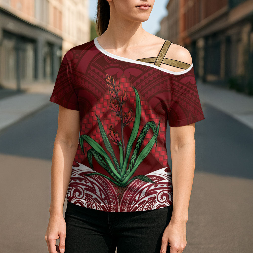 Rongoa Maori New Zealand Harakeke Cross Shoulder Shirt NZ Weaving Pattern Red LT14 - Polynesian Pride
