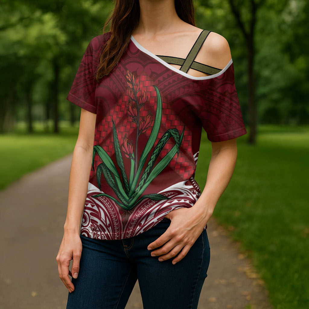 Rongoa Maori New Zealand Harakeke Cross Shoulder Shirt NZ Weaving Pattern Red LT14 - Polynesian Pride