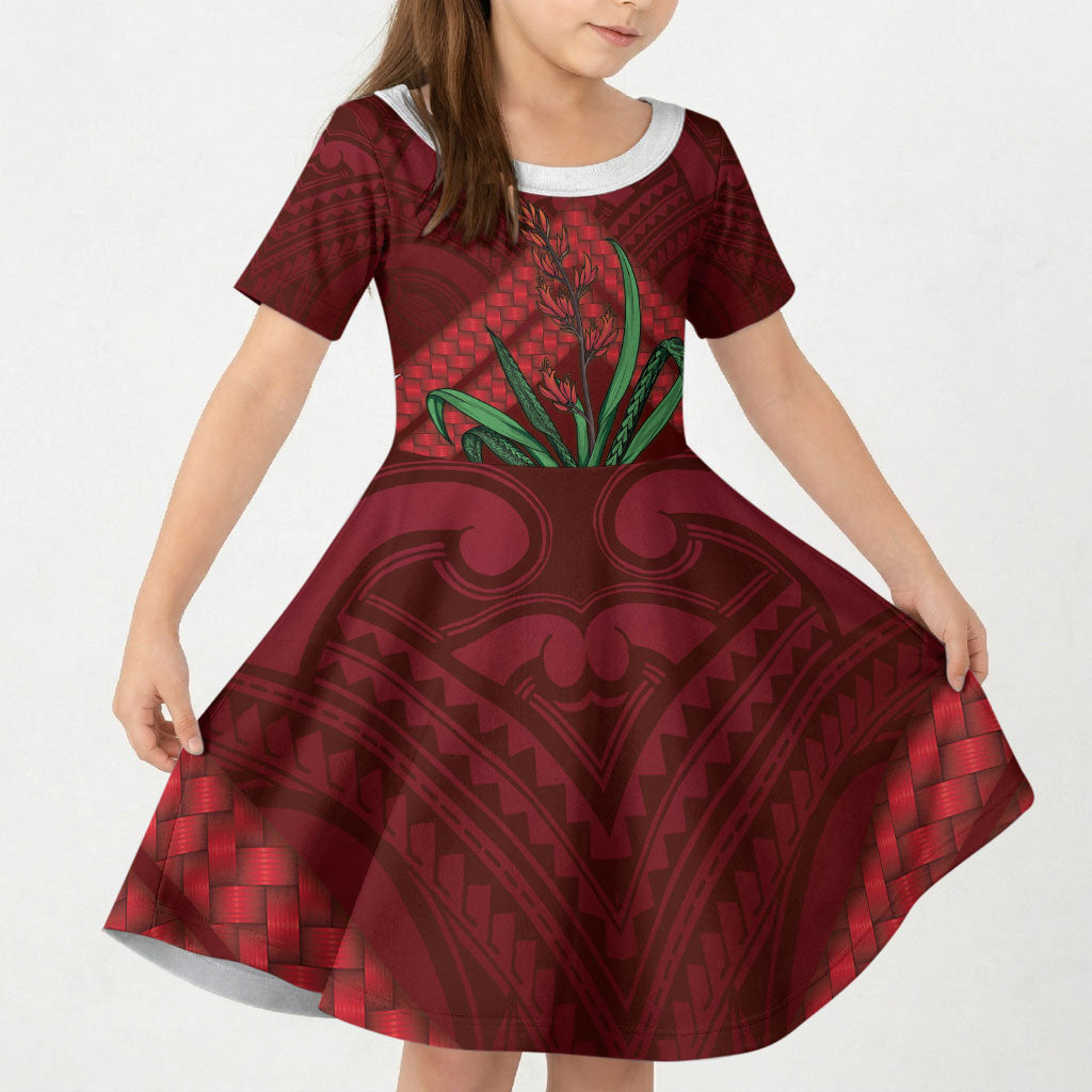 Rongoa Maori New Zealand Harakeke Kid Short Sleeve Dress NZ Weaving Pattern Red LT14 KID Red - Polynesian Pride