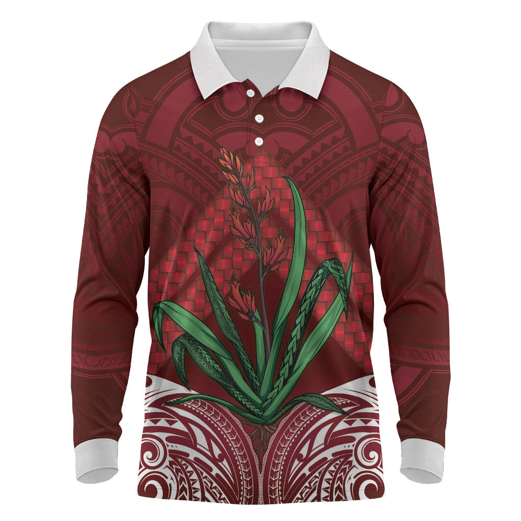 Rongoa Maori New Zealand Harakeke Long Sleeve Polo Shirt NZ Weaving Pattern Red LT14 Red - Polynesian Pride