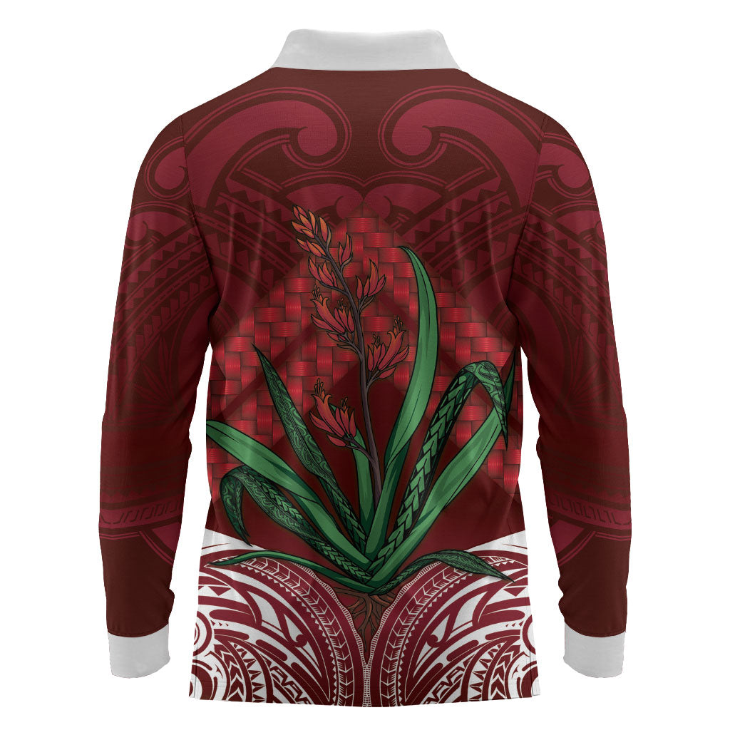 Rongoa Maori New Zealand Harakeke Long Sleeve Polo Shirt NZ Weaving Pattern Red LT14 - Polynesian Pride