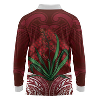 Rongoa Maori New Zealand Harakeke Long Sleeve Polo Shirt NZ Weaving Pattern Red LT14 - Polynesian Pride