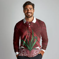 Rongoa Maori New Zealand Harakeke Long Sleeve Polo Shirt NZ Weaving Pattern Red LT14 - Polynesian Pride