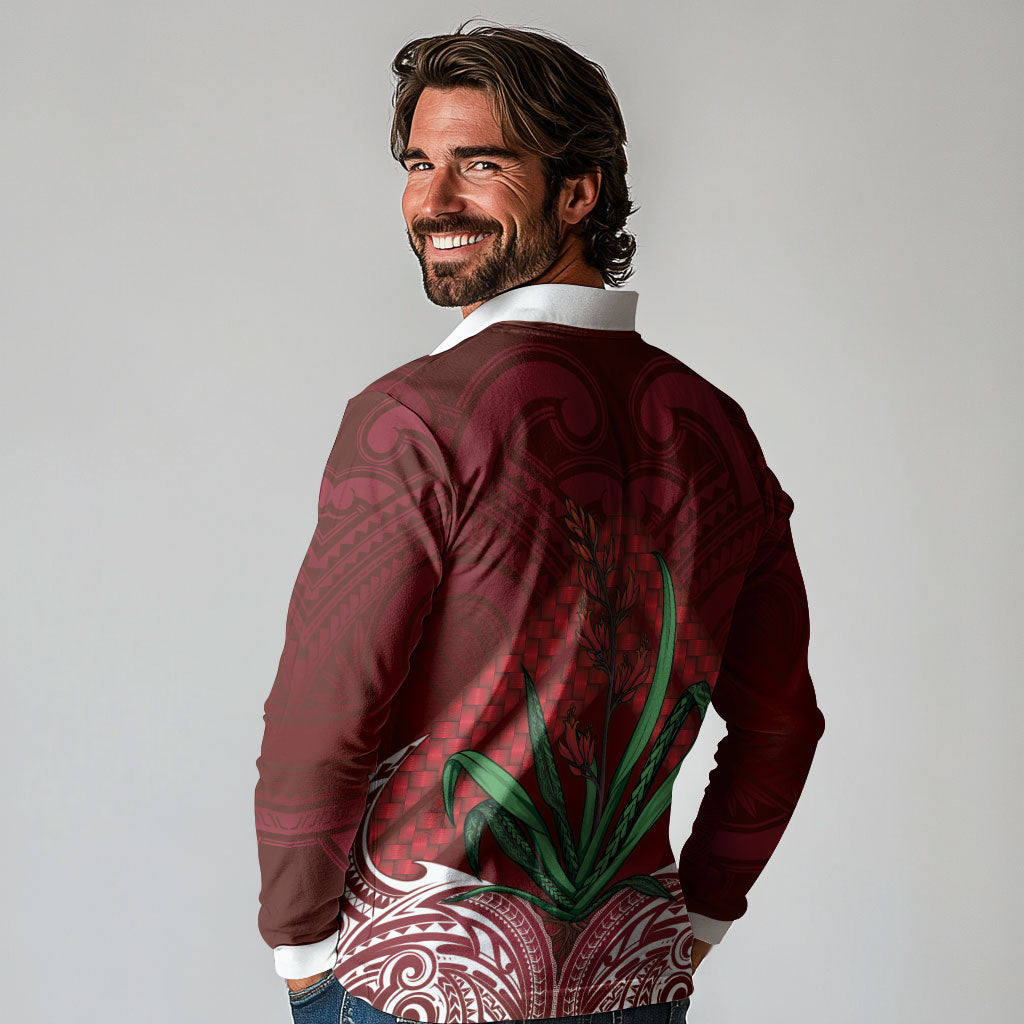 Rongoa Maori New Zealand Harakeke Long Sleeve Polo Shirt NZ Weaving Pattern Red LT14 - Polynesian Pride