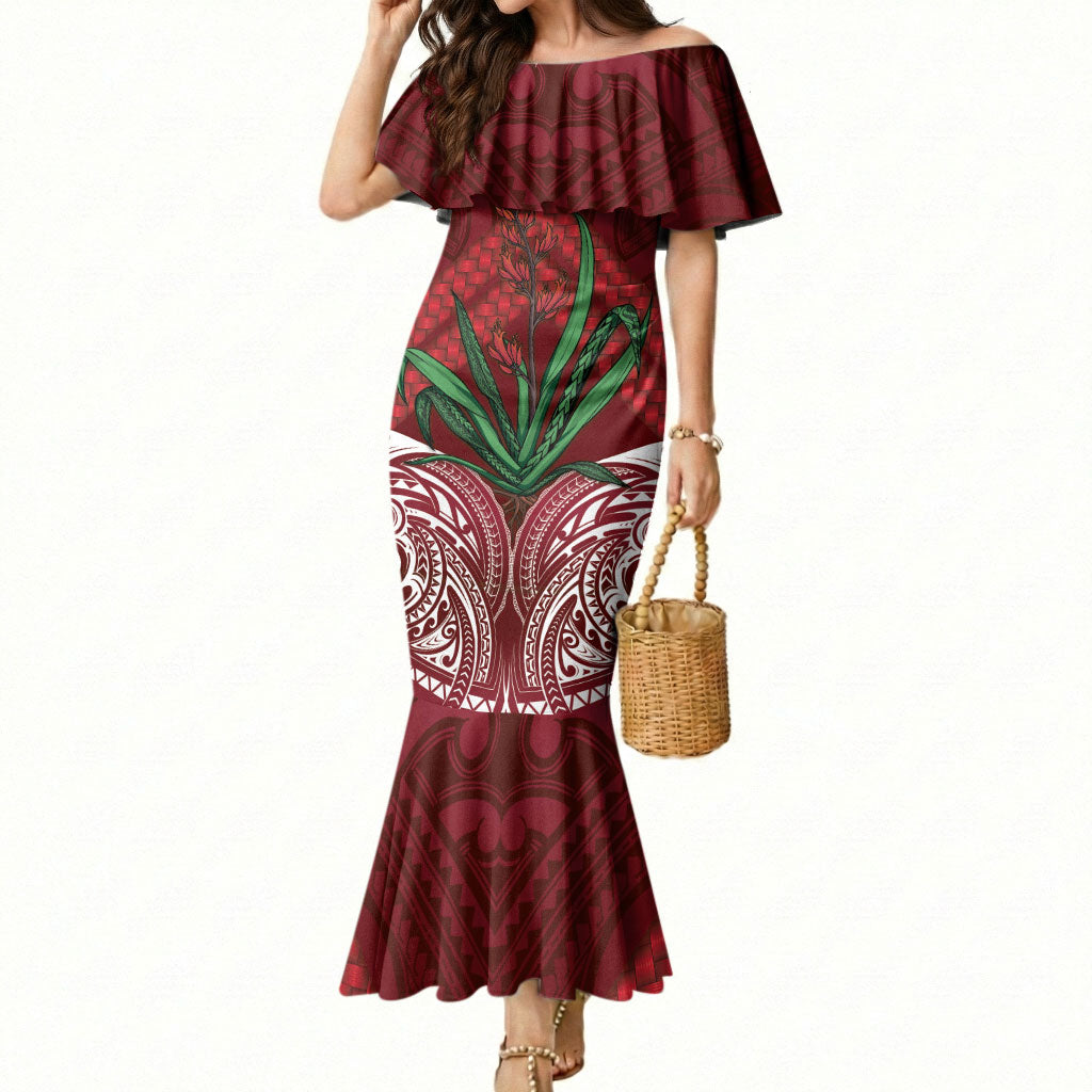 Rongoa Maori New Zealand Harakeke Mermaid Dress NZ Weaving Pattern Red LT14 Women Red - Polynesian Pride
