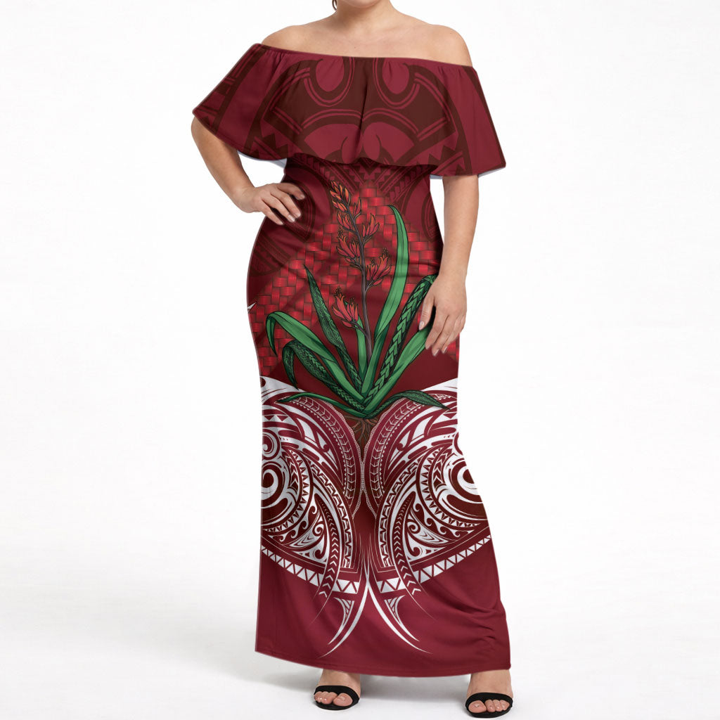 Rongoa Maori New Zealand Harakeke Off Shoulder Maxi Dress NZ Weaving Pattern Red LT14 Women Red - Polynesian Pride