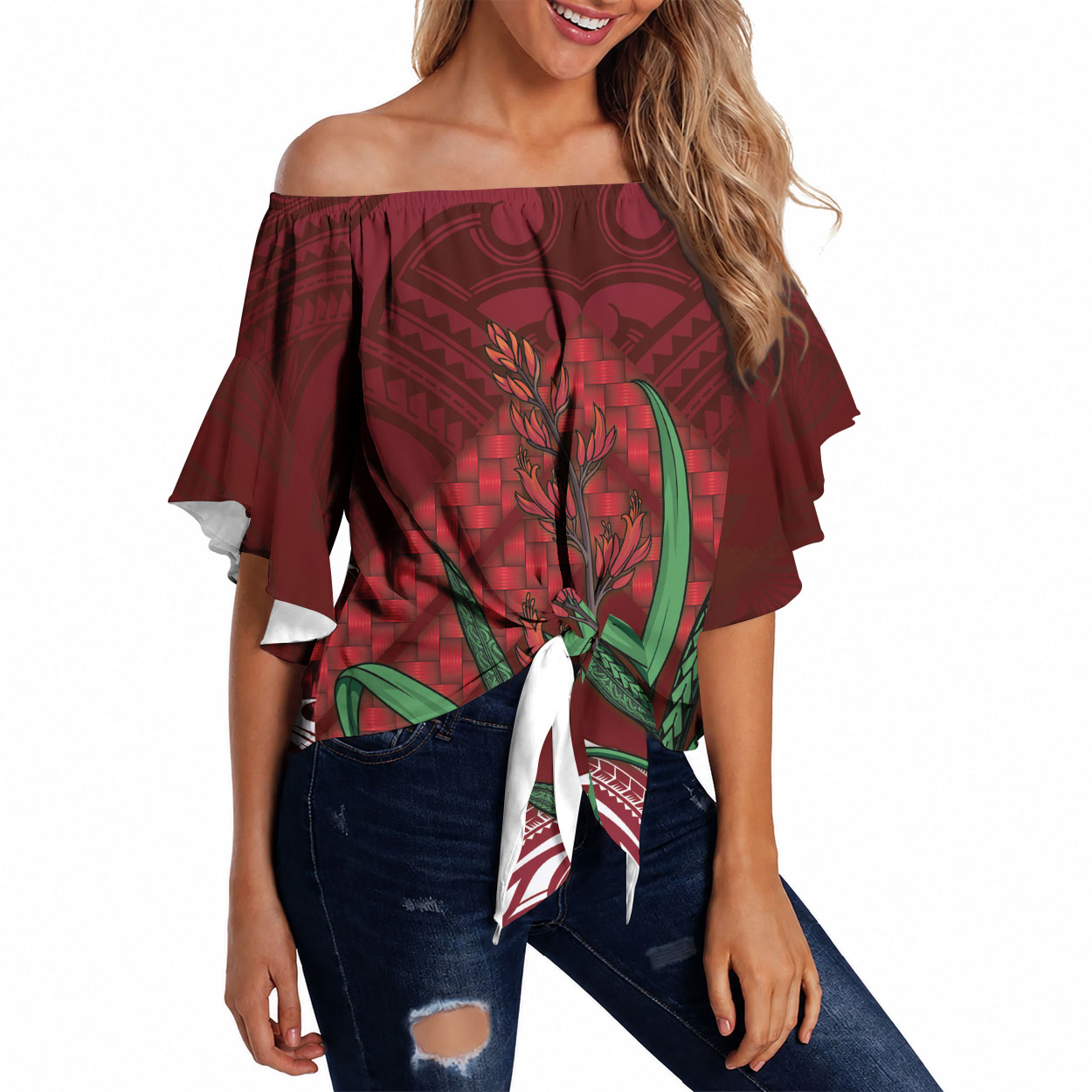 Rongoa Maori New Zealand Harakeke Off Shoulder Wrap Waist Top NZ Weaving Pattern Red LT14 Red - Polynesian Pride