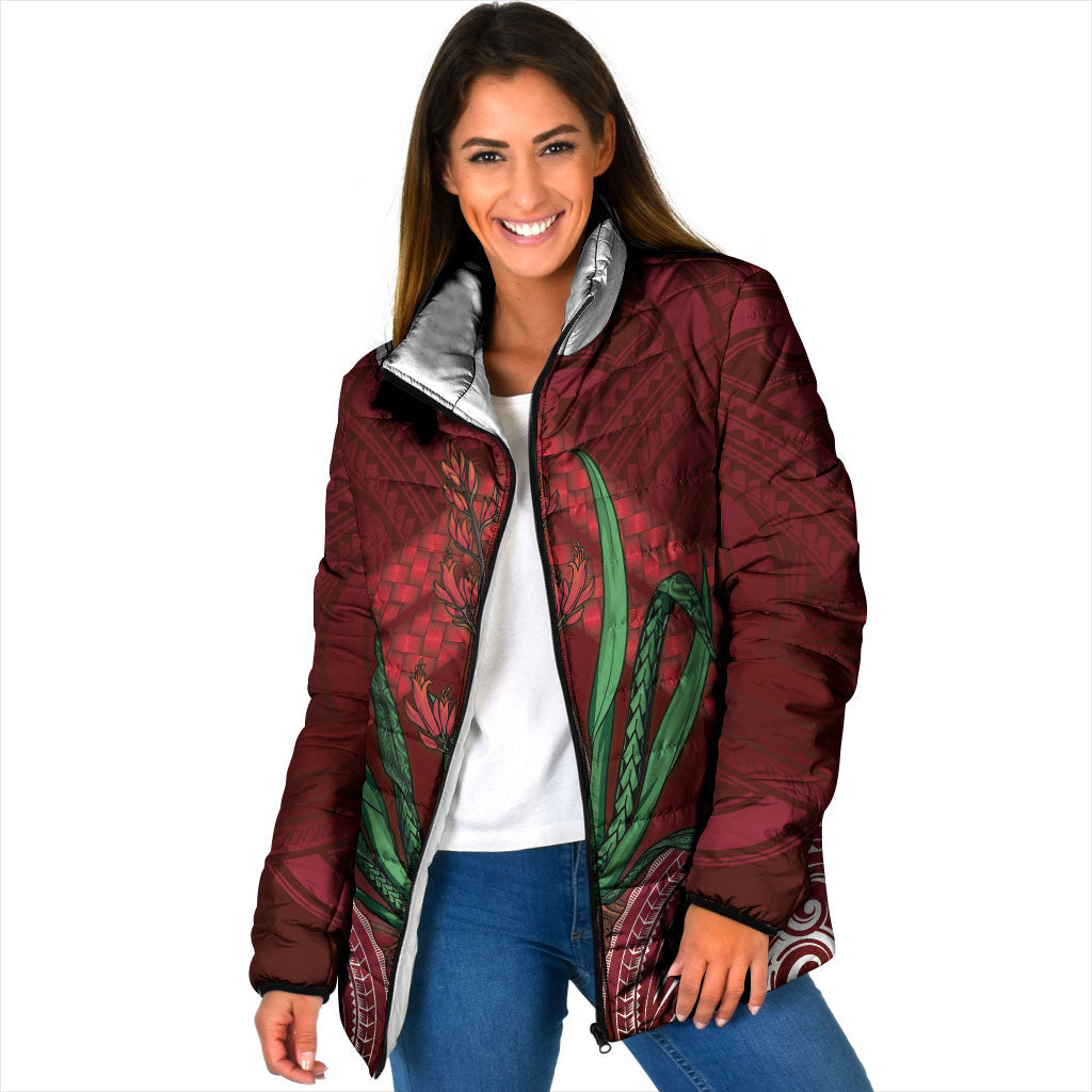 Rongoa Maori New Zealand Harakeke Padded Jacket NZ Weaving Pattern Red LT14 Women Red - Polynesian Pride