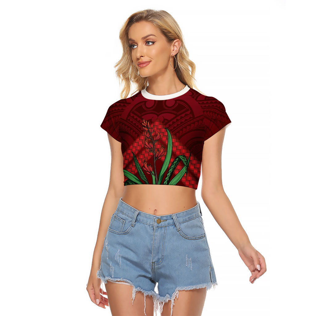 Rongoa Maori New Zealand Harakeke Raglan Cropped T Shirt NZ Weaving Pattern Red LT14 Female Red - Polynesian Pride