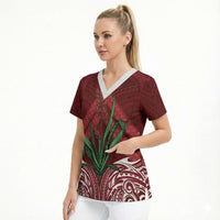 Rongoa Maori New Zealand Harakeke Scrub Top NZ Weaving Pattern Red LT14 - Polynesian Pride