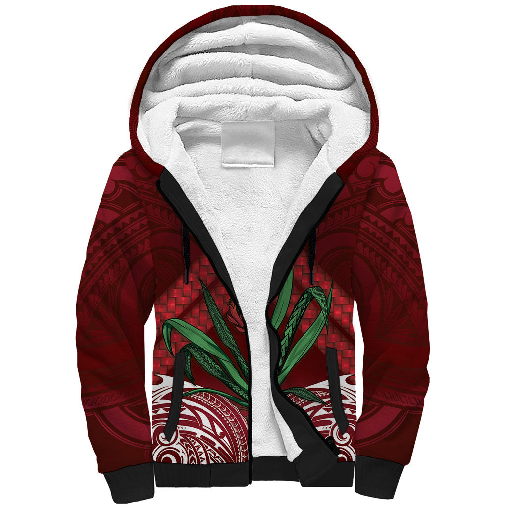 Rongoa Maori New Zealand Harakeke Sherpa Hoodie NZ Weaving Pattern Red LT14 Unisex Red - Polynesian Pride