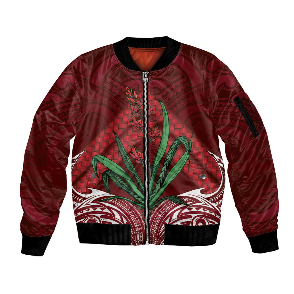 Rongoa Maori New Zealand Harakeke Sleeve Zip Bomber Jacket NZ Weaving Pattern Red LT14 Unisex Red - Polynesian Pride