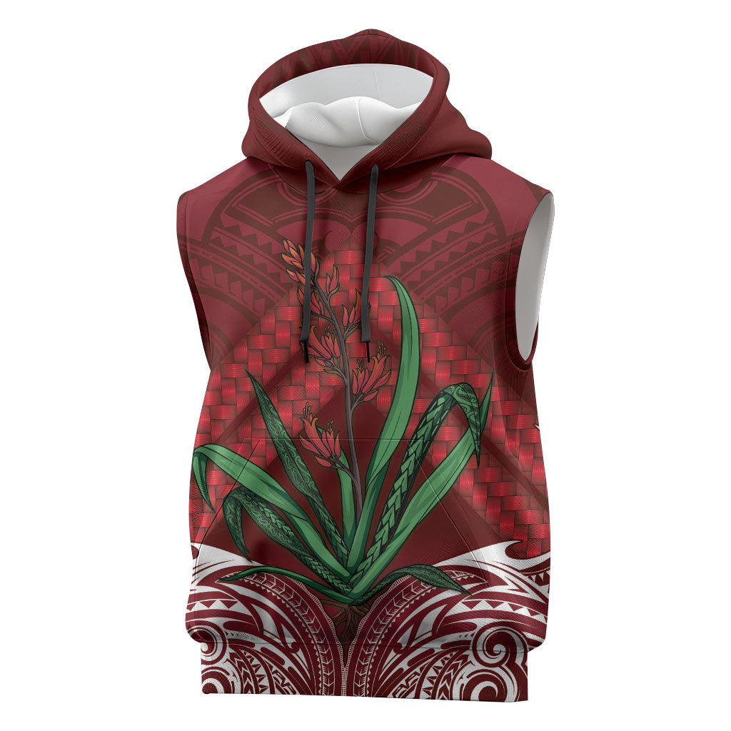 Rongoa Maori New Zealand Harakeke Sleeveless Hoodie NZ Weaving Pattern Red LT14 Red - Polynesian Pride