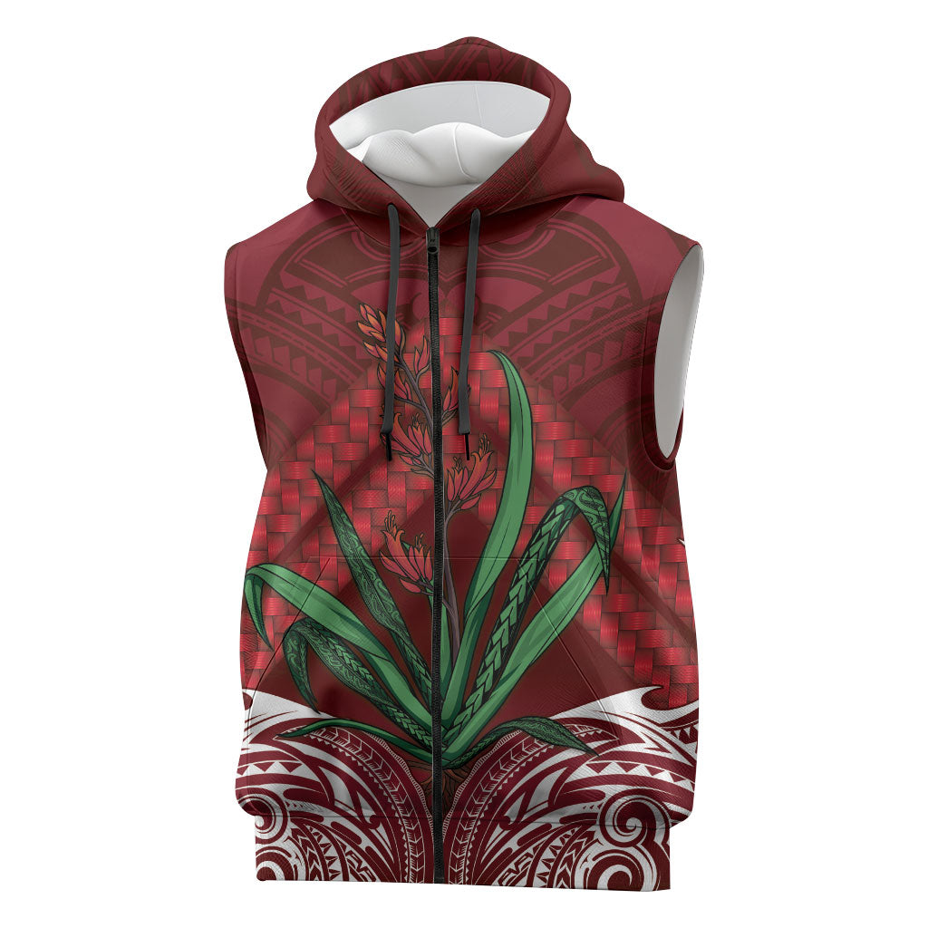 Rongoa Maori New Zealand Harakeke Sleeveless Zip Hoodie NZ Weaving Pattern Red LT14 Red - Polynesian Pride