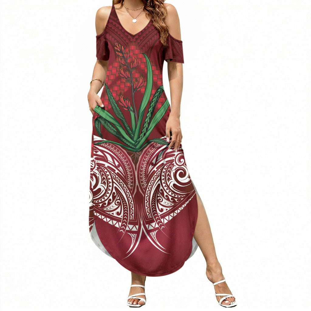 Rongoa Maori New Zealand Harakeke Summer Maxi Dress NZ Weaving Pattern Red LT14 Women Red - Polynesian Pride
