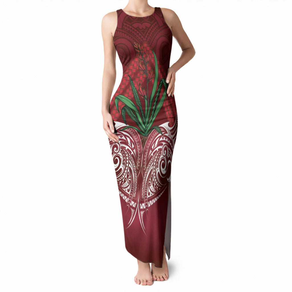 Rongoa Maori New Zealand Harakeke Tank Maxi Dress NZ Weaving Pattern Red LT14 Women Red - Polynesian Pride