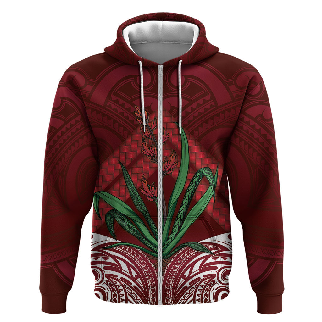 Rongoa Maori New Zealand Harakeke Zip Hoodie NZ Weaving Pattern Red LT14 Zip Hoodie Red - Polynesian Pride